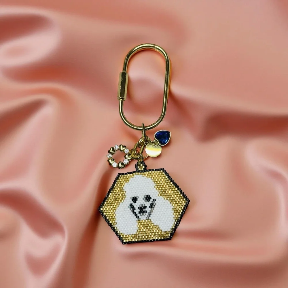 Hand Crafted Beaded White Poodle Face Gold Color Keychain with Charms